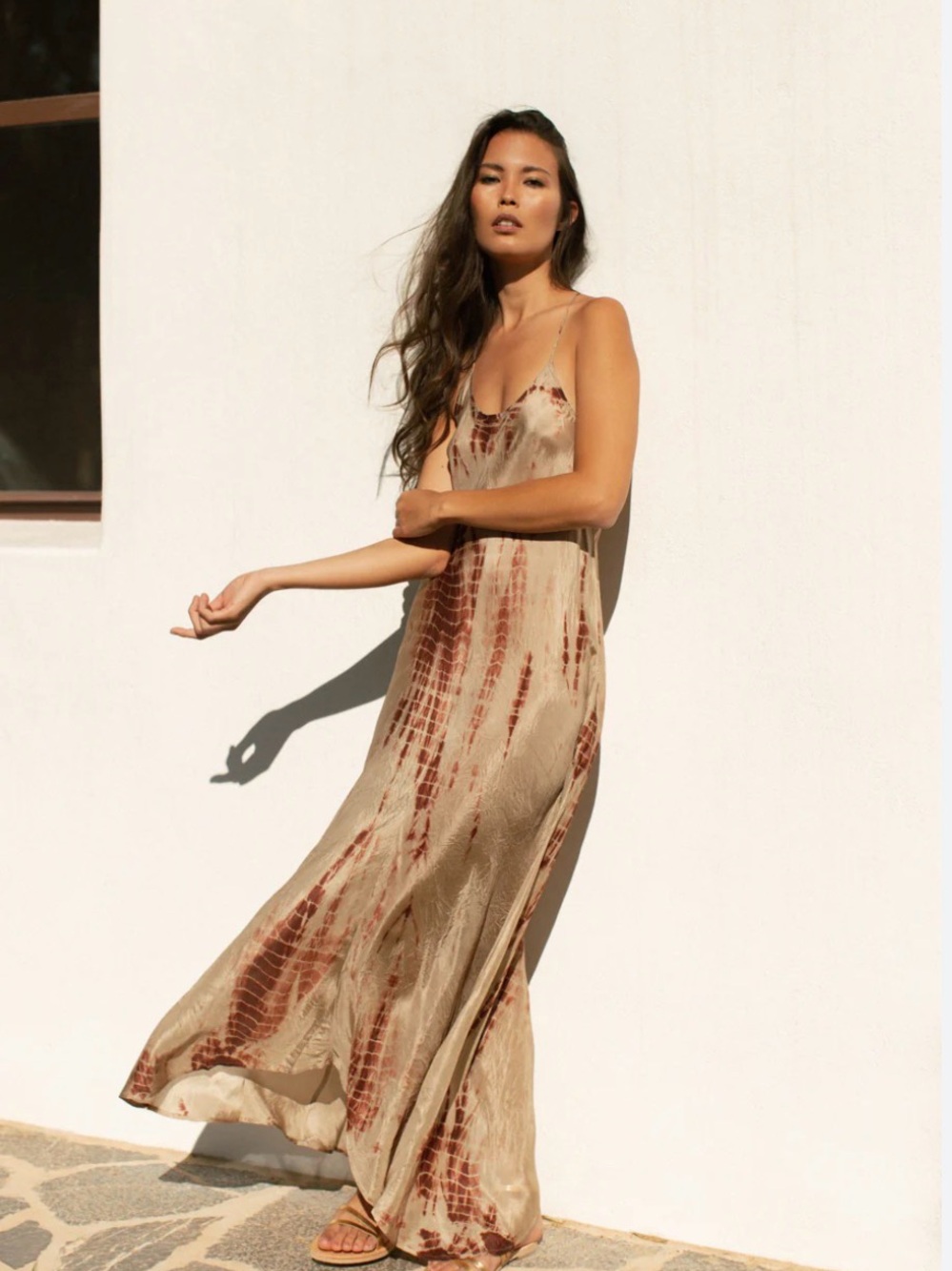 Beige and Brown Tie-Dye Slip Midi Dress - Women